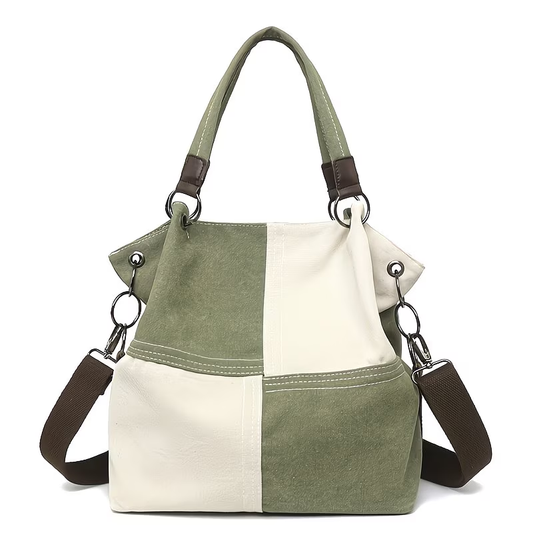 レディース キャンバス シングルショルダーバッグ、大容量 パッチワーク カラーブロック レトロ トートバッグ、おしゃれなマザーズバッグ、ジッパー開閉、調節可能なショルダーストラップ、通勤や旅行に最適